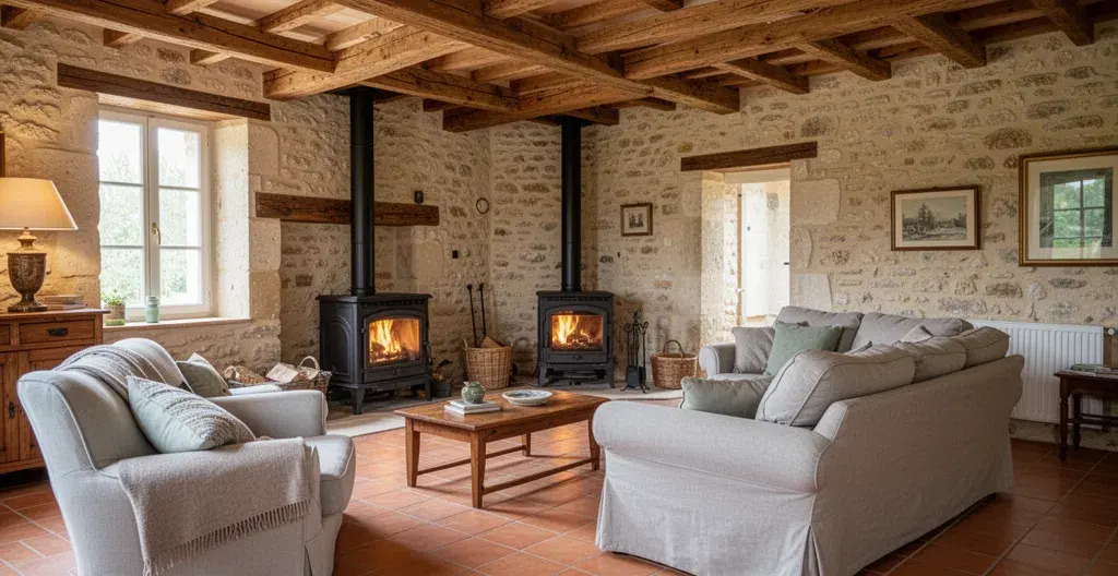 Interior of renovated French stone farmhouse with exposed beams and wood burning stove