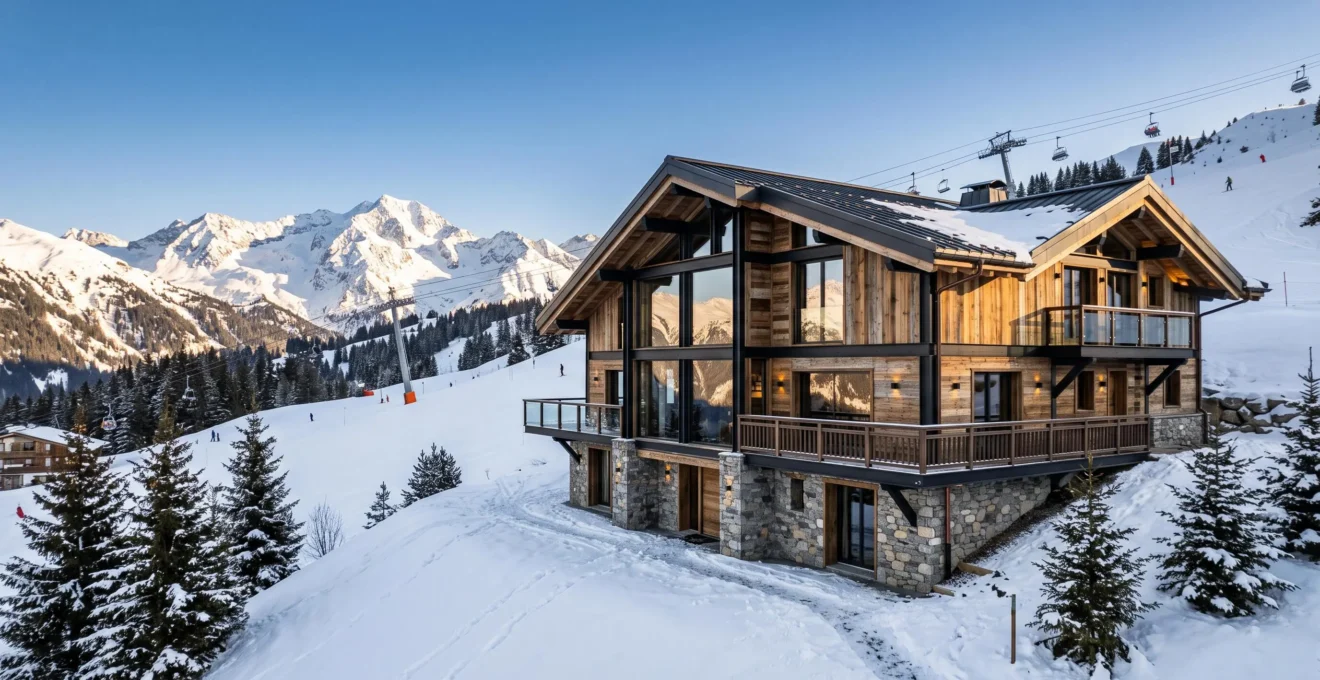 Contemporary luxury chalet exterior in Courchevel 1850 featuring stone and timber architecture with expansive glazing, positioned on snowy slope with ski lift infrastructure and French Alps peaks visible in background under golden hour light