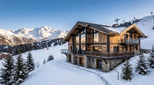 Contemporary luxury chalet exterior in Courchevel 1850 featuring stone and timber architecture with expansive glazing, positioned on snowy slope with ski lift infrastructure and French Alps peaks visible in background under golden hour light