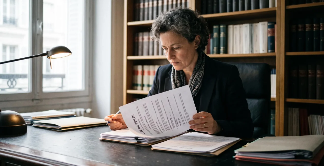 French notaire reviewing property acquisition documents marked 'Acte de Vente' at professional desk with focused task lighting in contemporary legal office setting