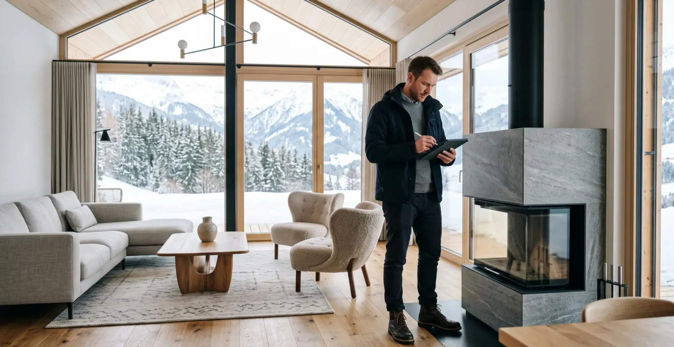 Property manager inspecting contemporary luxury chalet interior with digital checklist, modern furnishings and floor-to-ceiling windows revealing snowy Alpine landscape in natural daylight