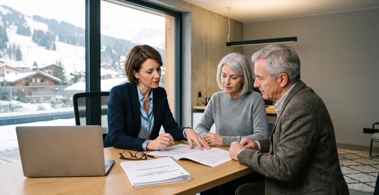 Wealth advisor consulting with mature international couple over property investment documentation in modern professional office with Courchevel Alps mountain landscape visible through background window