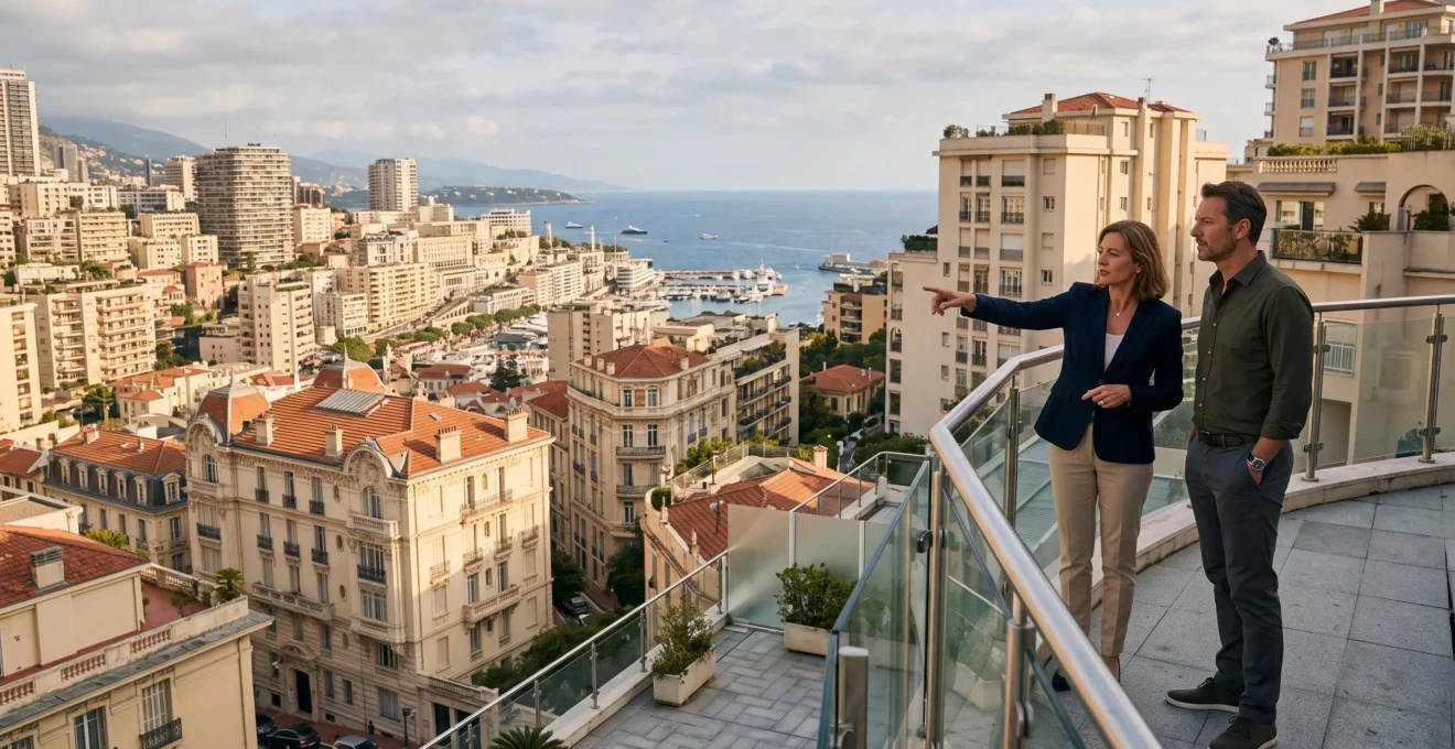 A local real estate agent and a buyer observe the densely built residential districts of Monte-Carlo from a building terrace.
