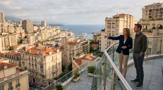 A local real estate agent and a buyer observe the densely built residential districts of Monte-Carlo from a building terrace.