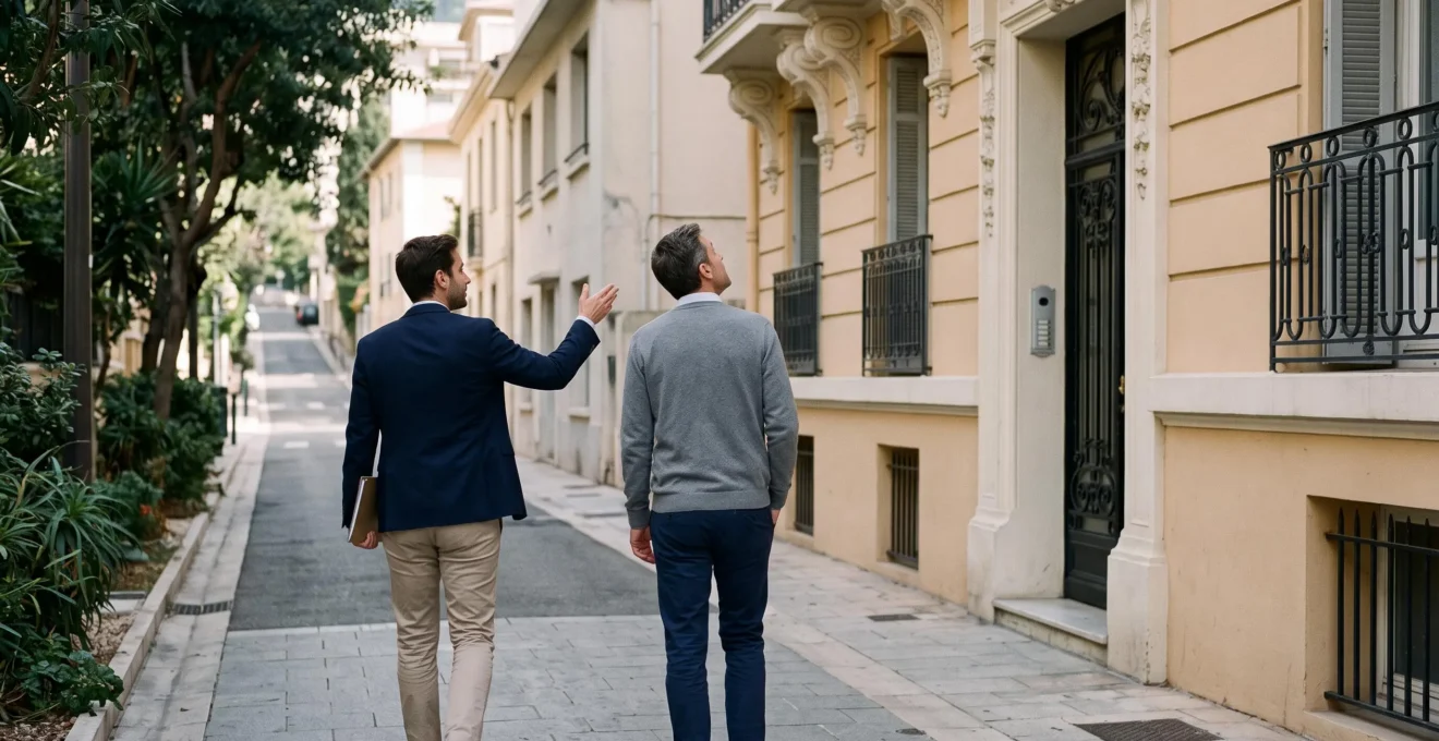A buyer walks through a quiet hillside residential street of the Moneghetti district in Monaco with a local agent pointing toward a building.