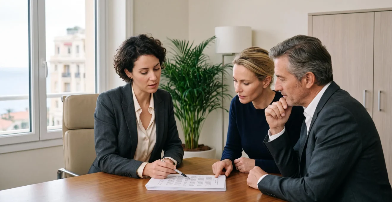 A notary's clerk reviews a property deed clause with a couple of buyers at a desk in a Monaco office.