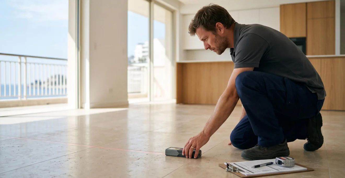 A surveyor measures the tiled floor of an empty Monte-Carlo apartment with a laser distance meter near a large window.